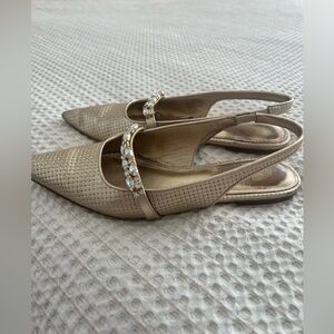 Lilly Pulitzer Gold Woven Pointed Slingback Heels with Crystal Strap